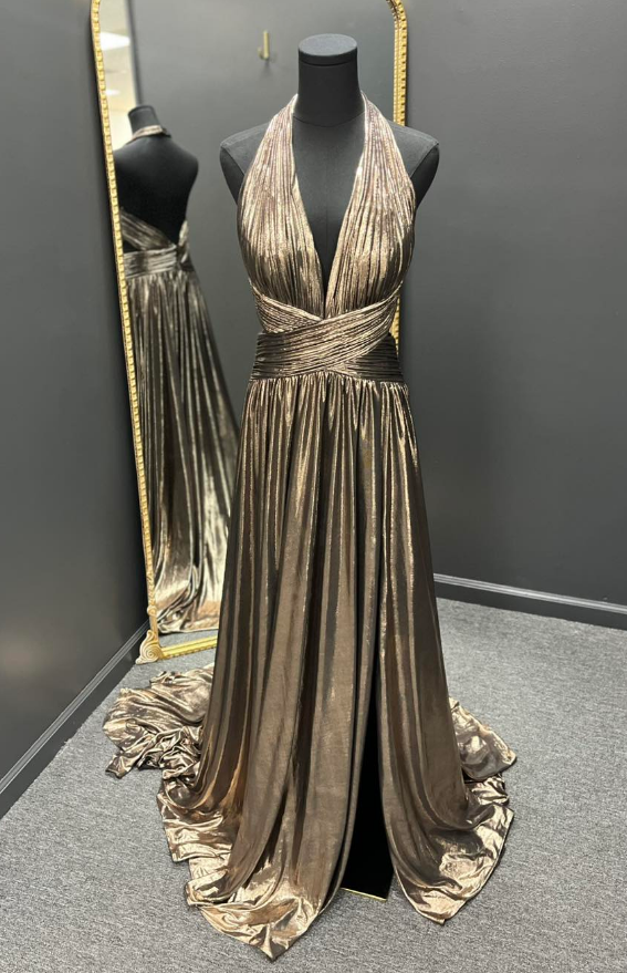 Halter Metallic Long Prom Dresses with Slit Skirt DressesTailor Halter Metallic Long Prom Dresses with Slit Skirt DressesTailor