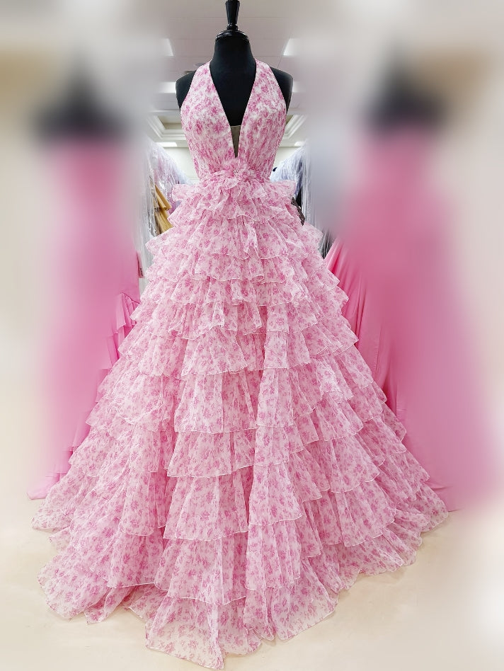 Halter Floral Ball Gown Long Prom Dress with Ruffle Skirt