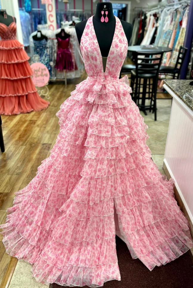 Halter Floral Ball Gown Long Prom Dress with Ruffle Skirt