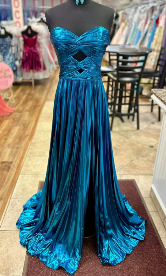 Strapless Metallic Pleated Long Prom Dress with Key Hole Bodice DressesTailor Strapless Metallic Pleated Long Prom Dress with Key Hole Bodice DressesTailor