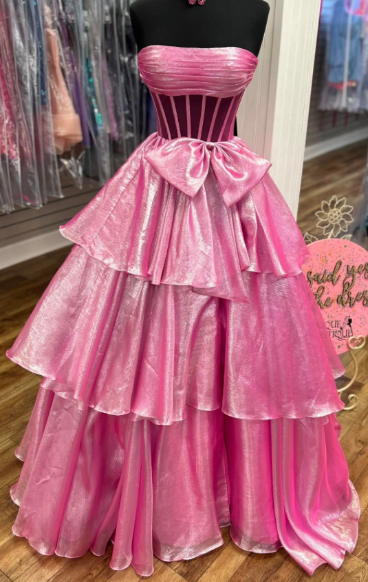 Strapless Long Prom Dress with Bow and Ruffle Skirt