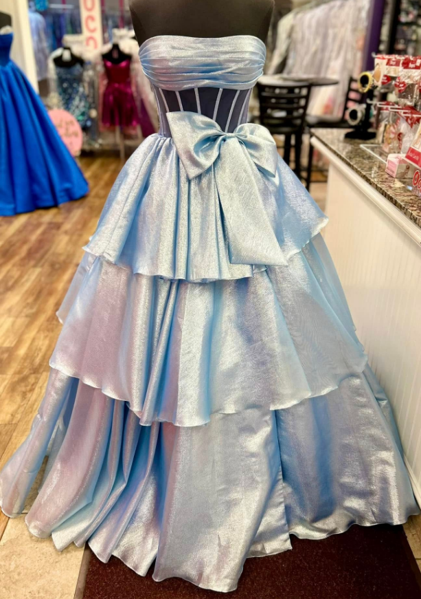 Strapless Long Prom Dress with Bow and Ruffle Skirt