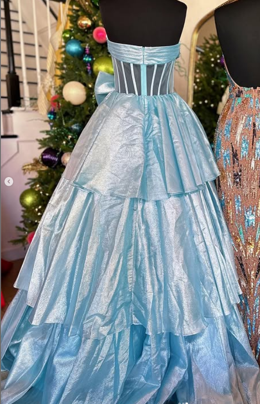 Strapless Long Prom Dress with Bow and Ruffle Skirt