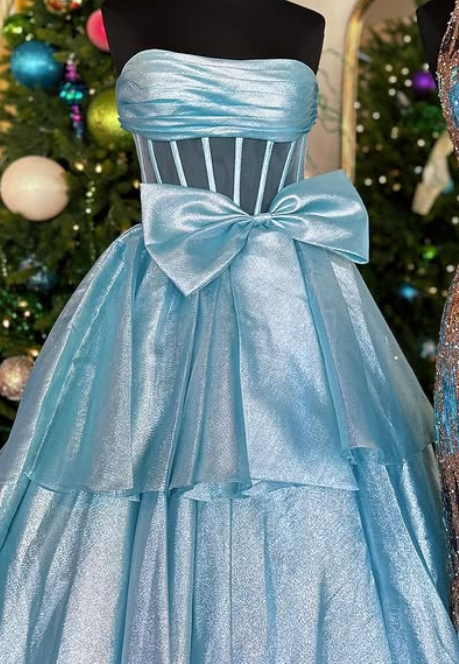 Strapless Long Prom Dress with Bow and Ruffle Skirt