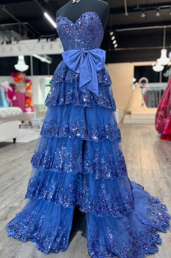 Strapless Sparkly Lace Long Prom Dress with Bow and Ruffle Skirt