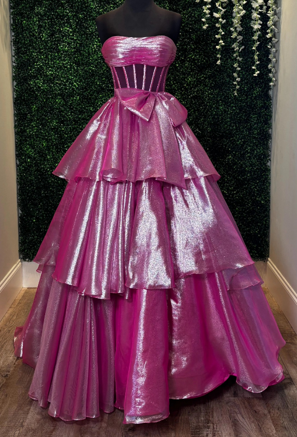 Strapless Long Prom Dress with Bow and Ruffle Skirt