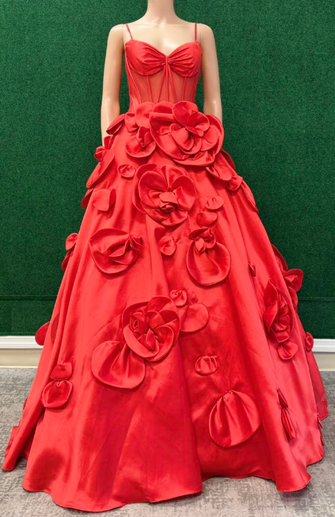 Straps Ball Gown Long Prom Dresses with 3D Flower Skirt