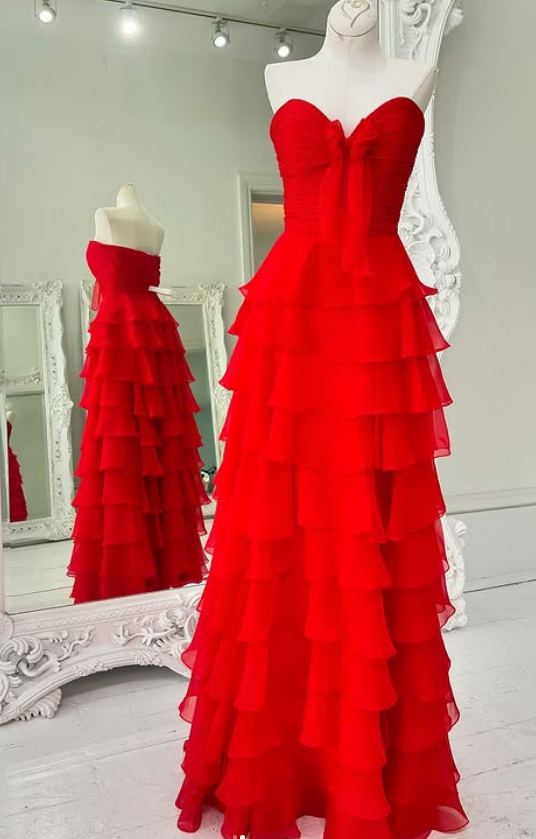 Chiffon Long Prom Dress with Bow on Bodice and Ruffle Skirt