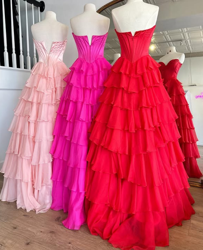 Strapless Ball Gown Long Prom Dress with Ruffle Skirt