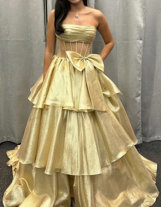 Strapless Long Prom Dress with Bow and Ruffle Skirt