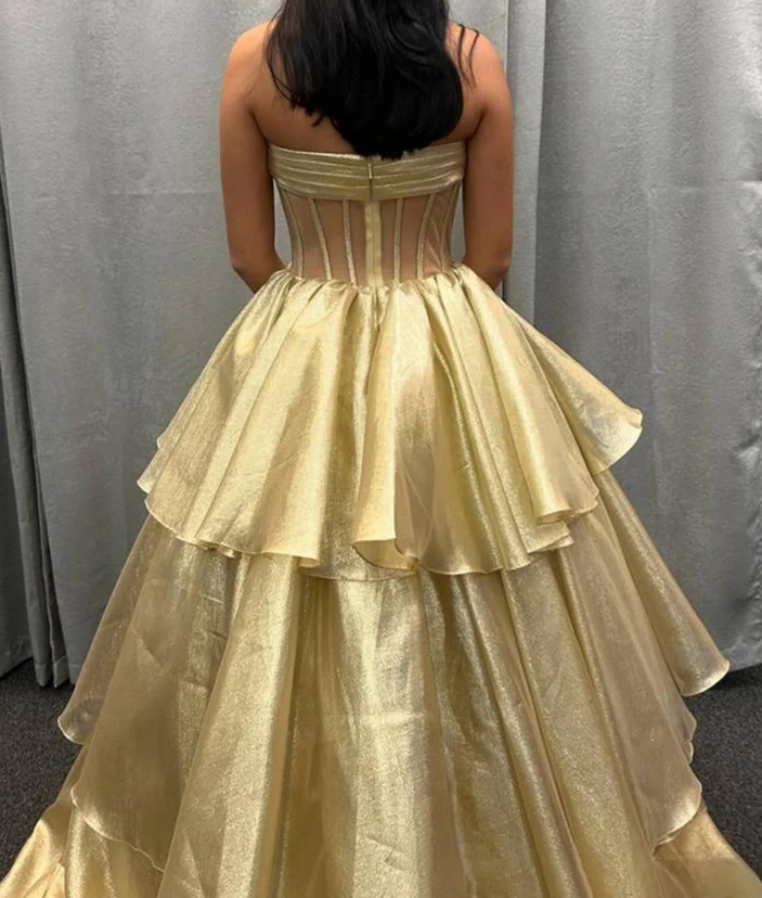 Strapless Long Prom Dress with Bow and Ruffle Skirt