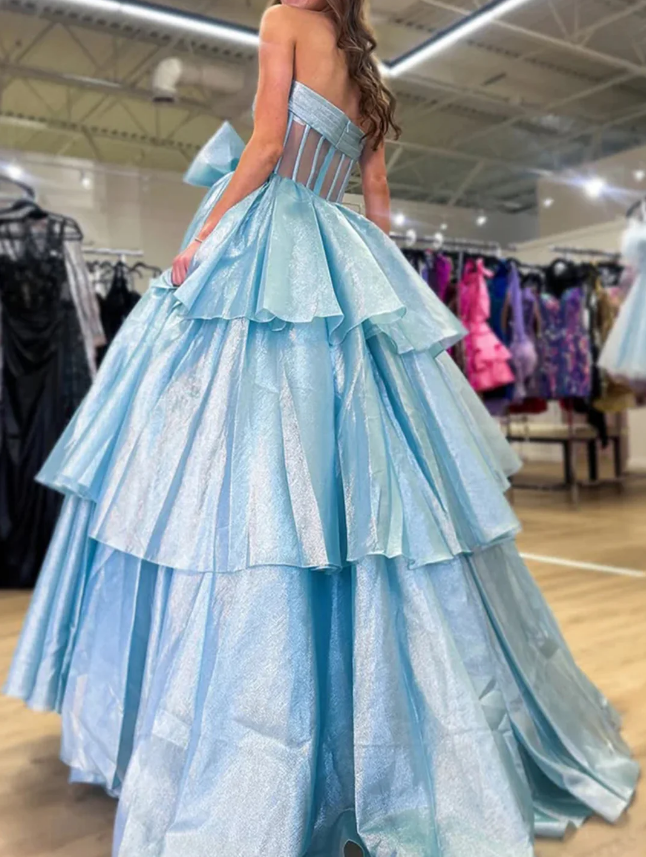 Strapless Long Prom Dress with Bow and Ruffle Skirt