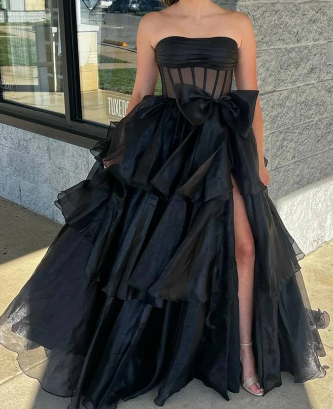 Strapless Long Prom Dress with Bow and Ruffle Skirt