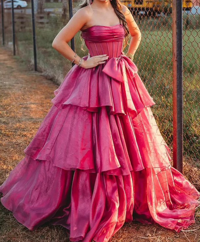 Strapless Long Prom Dress with Bow and Ruffle Skirt