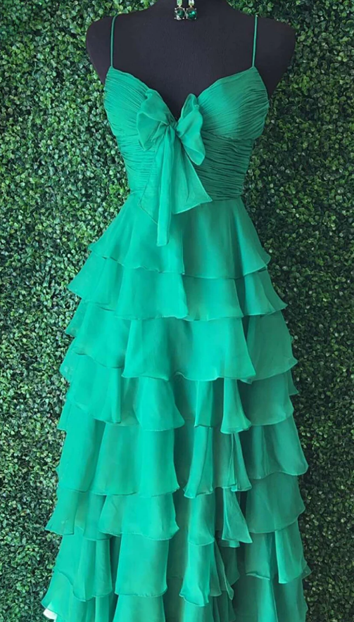 Strapless Chiffon Ruffle Long Prom Dress with Bow on Bodice