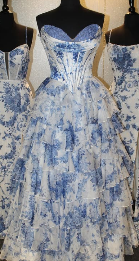 Floral Blue Print Strapless Long Prom Dress with Chiffon Ruffle Skirt