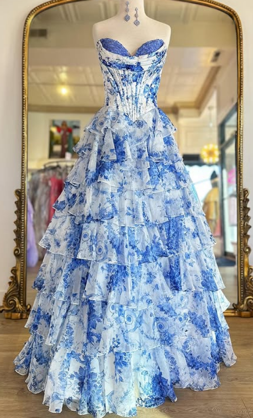 Floral Blue Print Strapless Long Prom Dress with Chiffon Ruffle Skirt