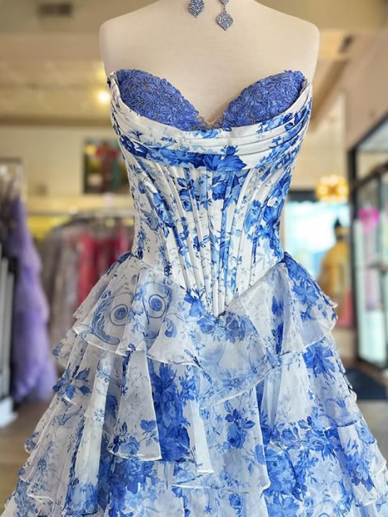 Floral Blue Print Strapless Long Prom Dress with Chiffon Ruffle Skirt