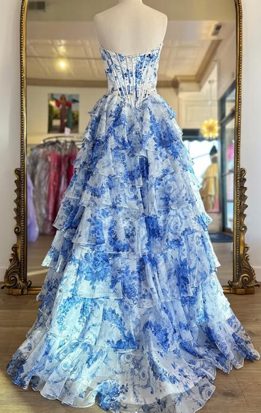Floral Blue Print Strapless Long Prom Dress with Chiffon Ruffle Skirt