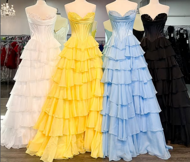 Strapless Ball Gown Long Prom Dress with Ruffle Skirt