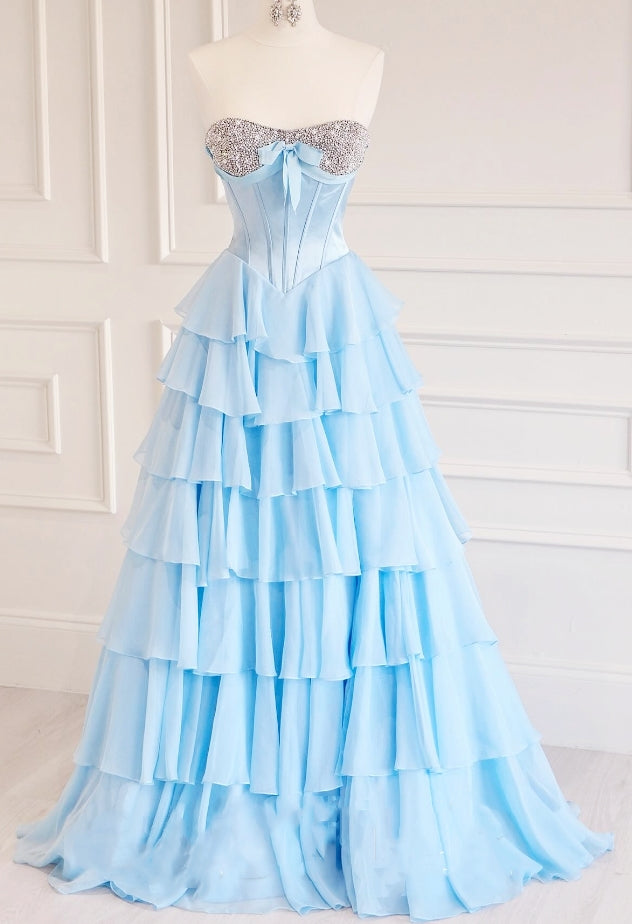 Strapless Long Prom Dress with Corset Bodice and Chiffon Ruffle Skirt –  DressesTailor