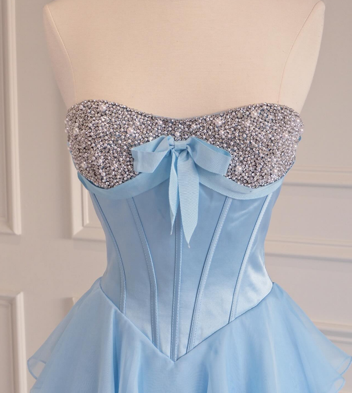 Strapless Long Prom Dress with Corset Bodice and Chiffon Ruffle Skirt