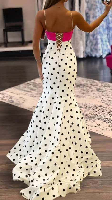 Polka Dot Mermaid Long Prom Dress with Bow