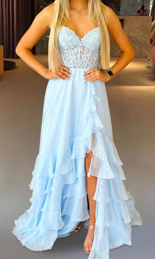 Strapless Long Prom Dress with Lace Bodice and Chiffon Ruffle Skirt DressesTailor Strapless Long Prom Dress with Lace Bodice and Chiffon Ruffle Skirt DressesTailor
