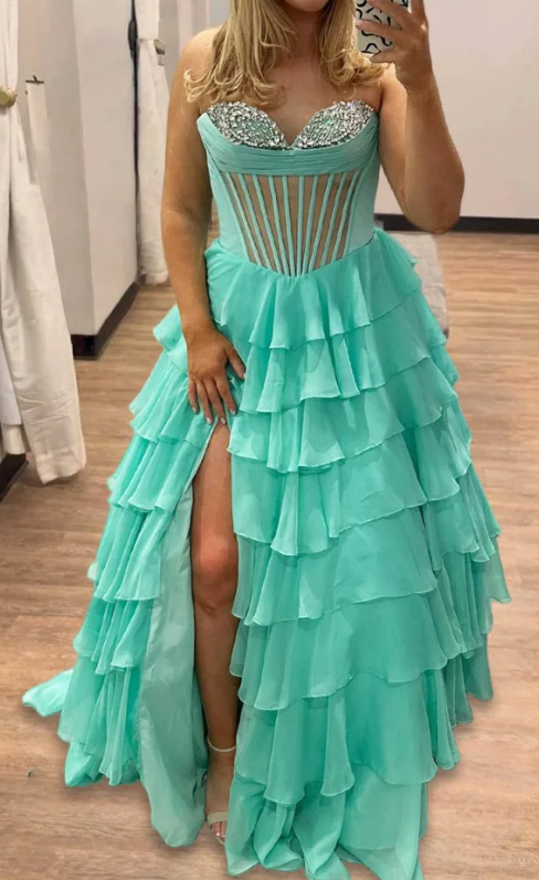 Strapless Long Prom Dress with Beading Neckline and Chiffon Ruffle Skirt