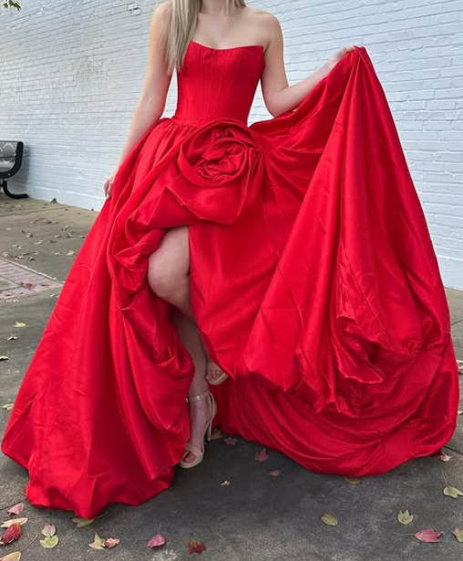 Red Strapless Long Prom Dress with Flower
