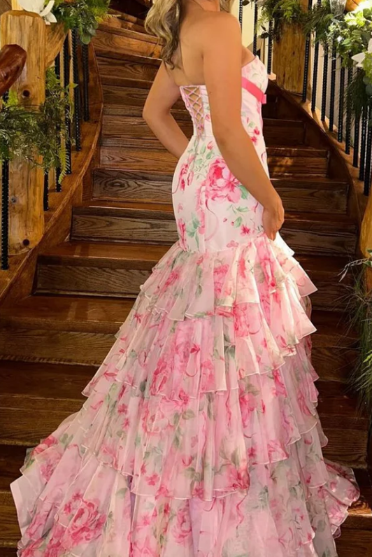 Strapless Mermaid Long Prom Dress with Bow and Ruffle Skirt