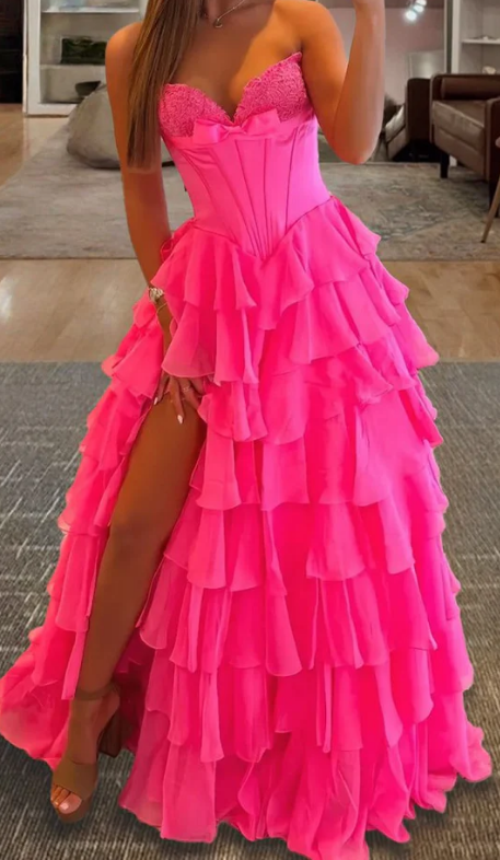 Strapless A-line Long Prom Dress with Bow and Ruffle Skirt