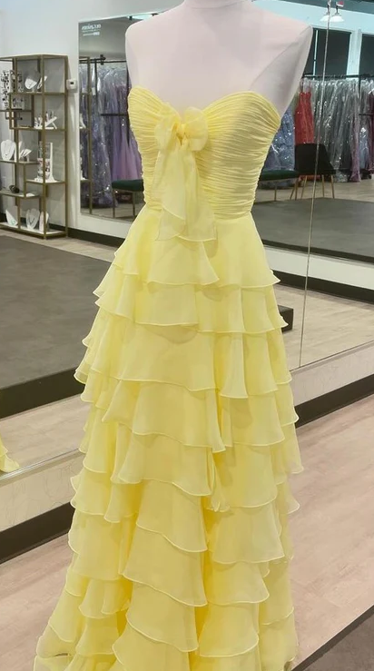 Strapless Chiffon Long Prom Dress with Ruffle Skirt
