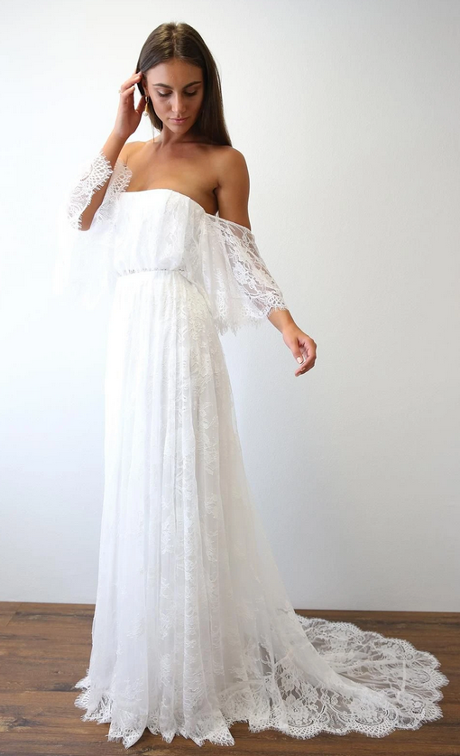 Off the Shoulder Lace A-line Beach Wedding Dress DTB150