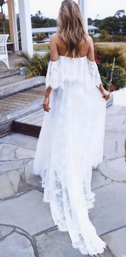 Off the Shoulder Lace A-line Beach Wedding Dress DTB150