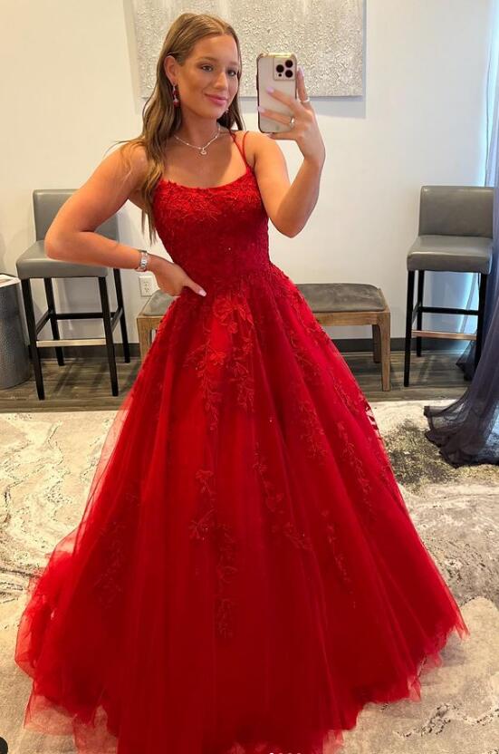 Straps Leaf Lace Ball Gown Long Prom Dress