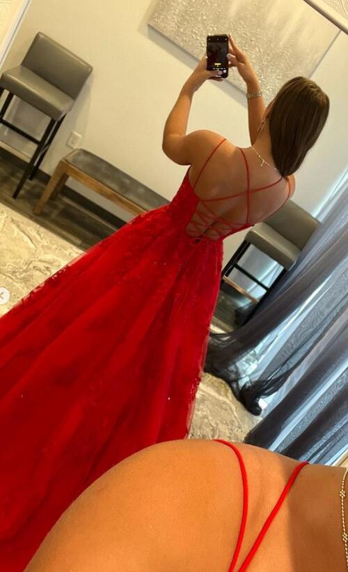 Straps Leaf Lace Ball Gown Long Prom Dress