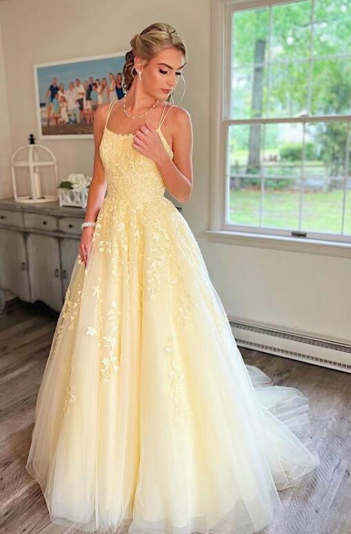 Straps Leaf Lace Ball Gown Long Prom Dress