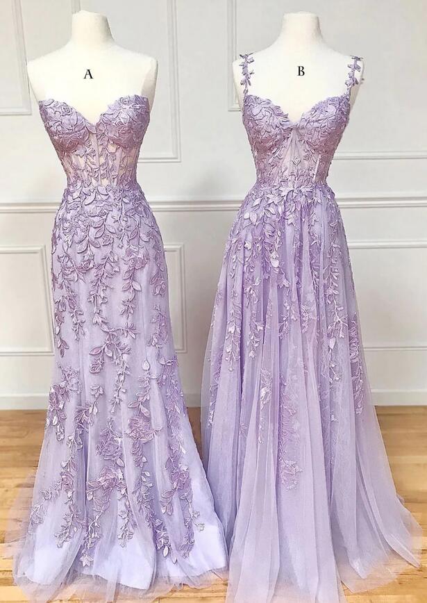 Lilac Leaf Lace Long Prom Dress with Sheer Corset Bodice