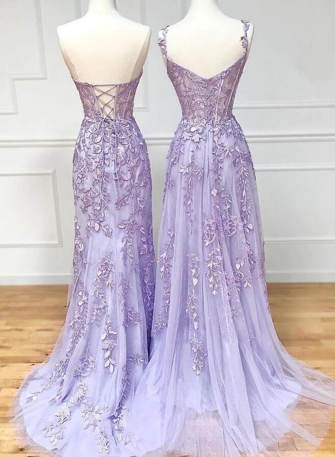 Lilac Leaf Lace Long Prom Dress with Sheer Corset Bodice