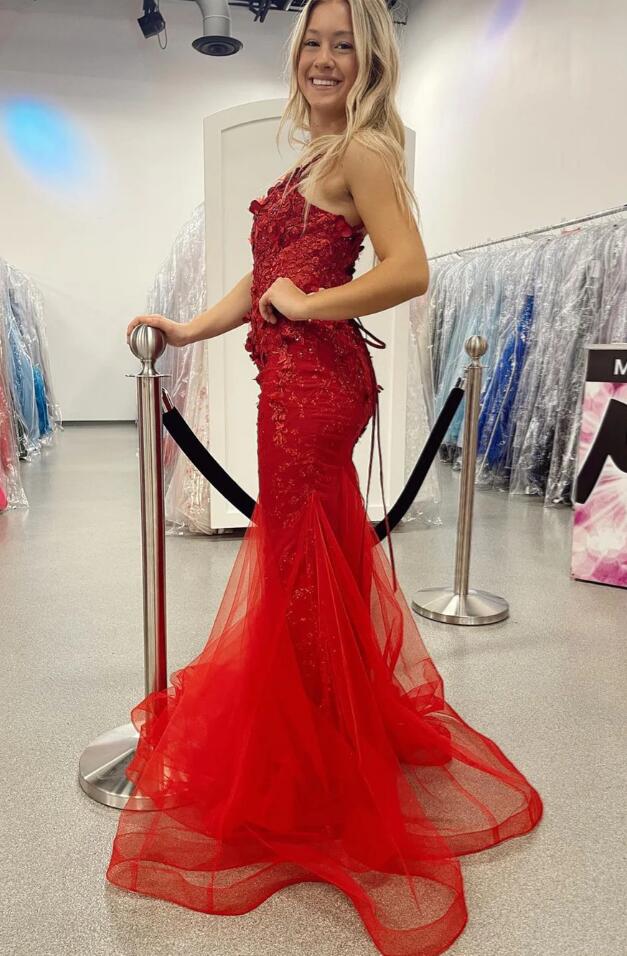 Mermaid Red Long Prom Dresses with Lace-up Back