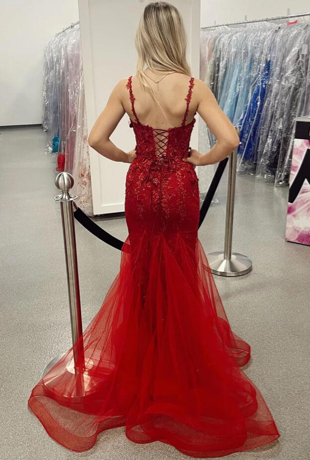 Mermaid Red Long Prom Dresses with Lace-up Back