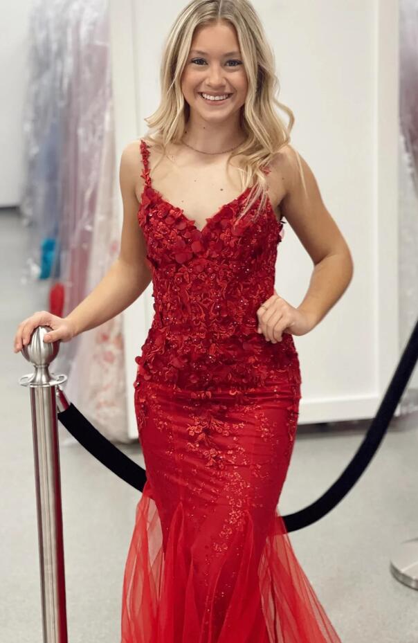 Mermaid Red Long Prom Dresses with Lace-up Back