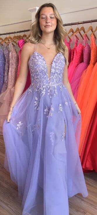 Lilac Tulle/Lace Long Prom Dresses with Lace-up Back