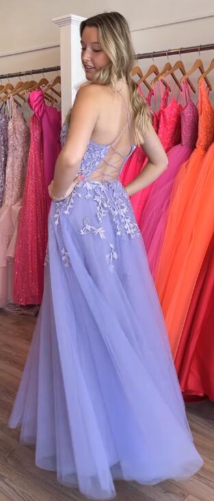 Lilac Tulle/Lace Long Prom Dresses with Lace-up Back