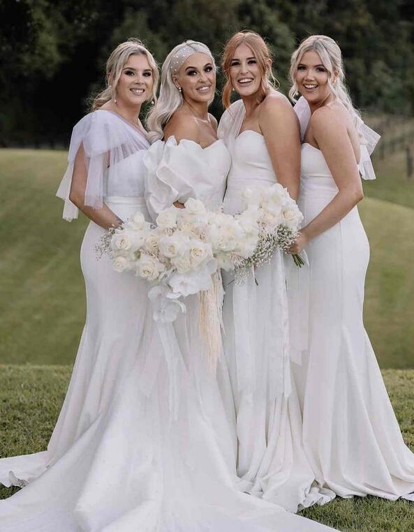 One Shoulder White Satin Mermaid Long Bridesmaid Dress DTB101