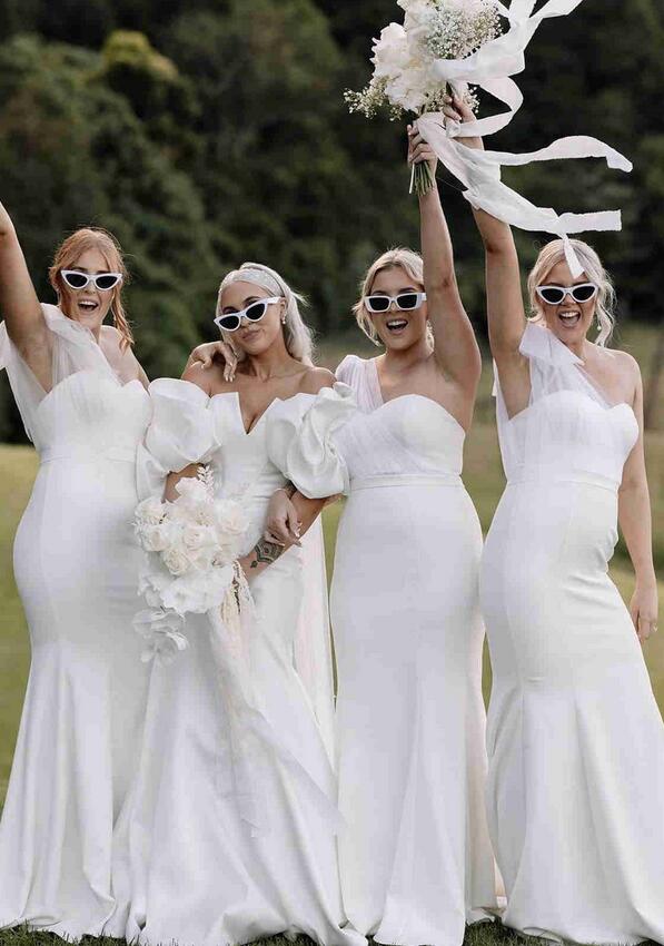 One Shoulder White Satin Mermaid Long Bridesmaid Dress DTB101