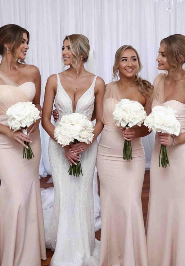One Shoulder White Satin Mermaid Long Bridesmaid Dress DTB101