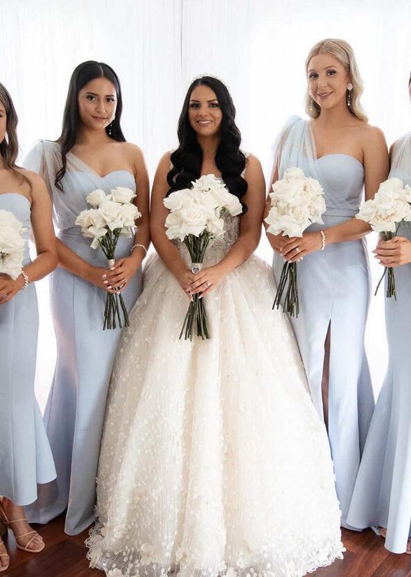 One Shoulder White Satin Mermaid Long Bridesmaid Dress DTB101