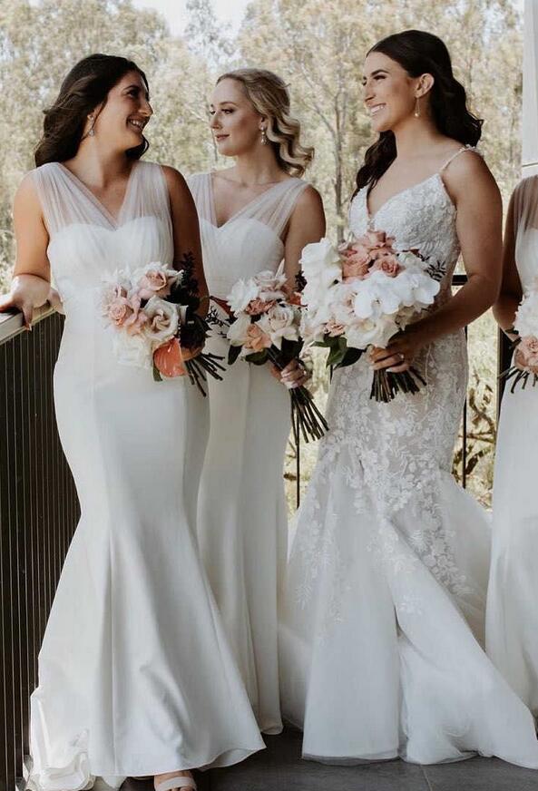 V-Neck White Mermaid Long Bridesmaid Dress DTB102